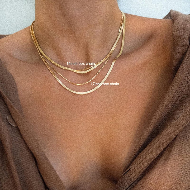 Tewiky Gold Chain Necklace for Women, 14k Gold Plated Thin Beaded Wave Box Chain Necklace Dainty Gold Necklace Simple Layered Gold Choker Necklaces Minimalist Gold Link Chain Necklace Trendy Jewelry for Women - Image 4